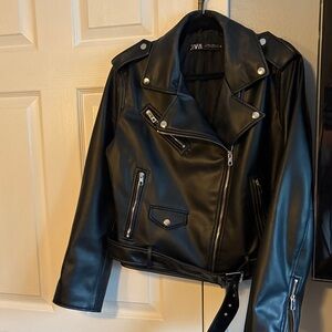 Zara Shiny Black Leather Moto Jacket